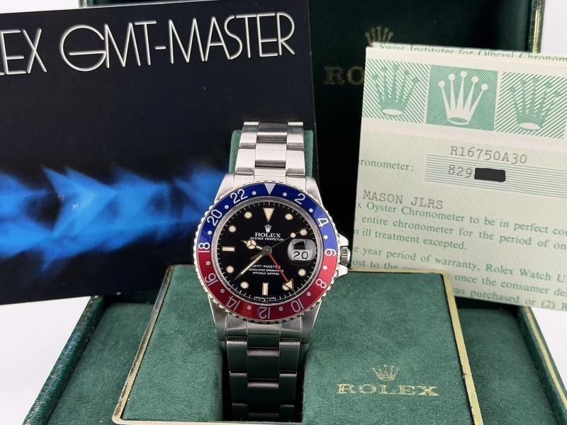 Rolex GMT Master Pepsi 16750 40mm Patina Dial Red Blue Bezel Steel Box Paper