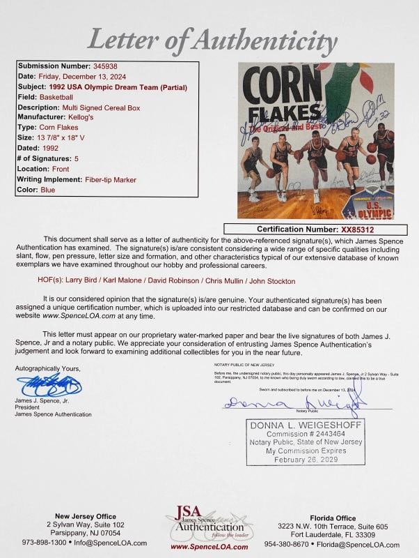 1992 Dream Team Olympics Team USA Signed Corn Flakes Box 5 Sigs JSA COA - 3