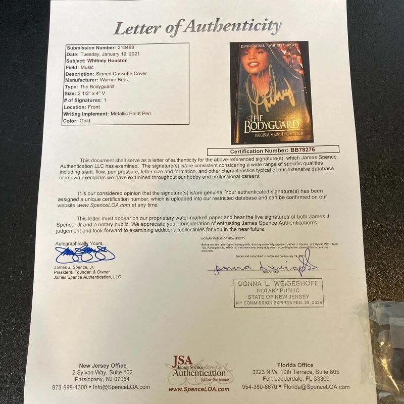 Whitney Houston Signed Vintage The Bodyguard Soundtrack Cassette Tape JSA COA - 7