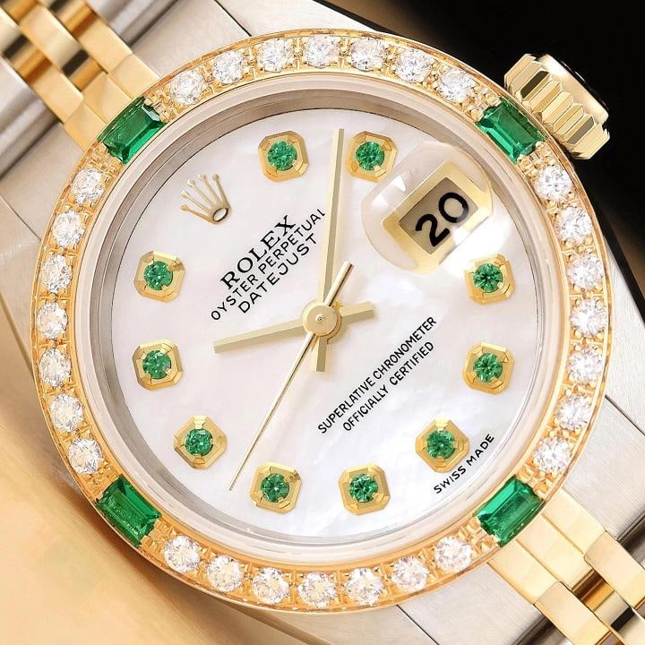 ROLEX LADIES DATEJUST 69173 MOTHER OF PEARL TSAVORITE DIAMOND 18K GOLD SS WATCH