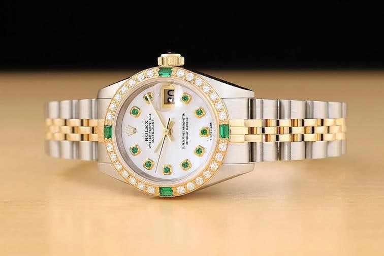 ROLEX LADIES DATEJUST 69173 MOTHER OF PEARL TSAVORITE DIAMOND 18K GOLD SS WATCH - 2