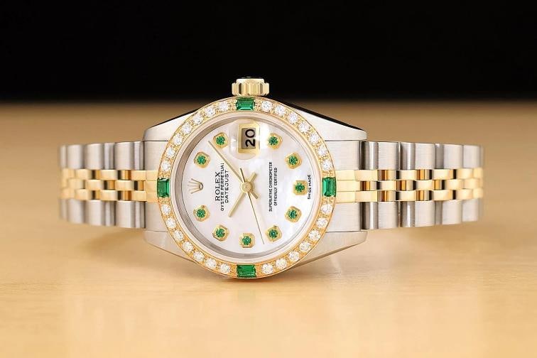 ROLEX LADIES DATEJUST 69173 MOTHER OF PEARL TSAVORITE DIAMOND 18K GOLD SS WATCH - 3