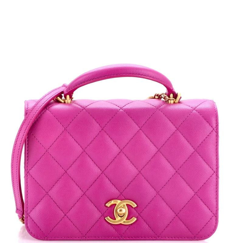 Chanel CC Top Handle Chain Full Flap Bag Quilted Caviar Small: Accessories: Dust Bag Measurements: Height 6", Width 8", Depth 3.5". Condition: Pre-owned - Good,Brand: Chanel,Exterior Material: Leather,Style: Shoulder Bags,Exterior Color: Purple,Department: Women,