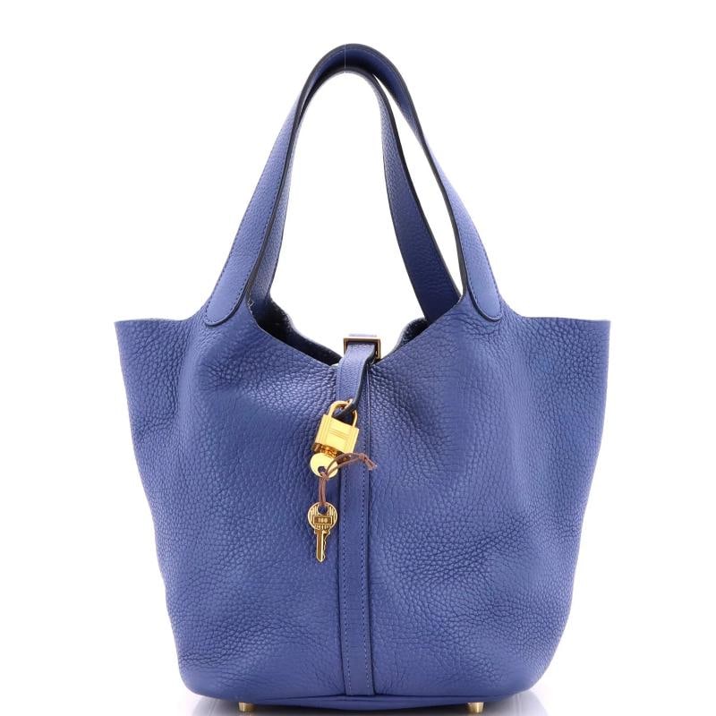 Hermes Picotin Lock Bag Clemence MM: Condition: Pre-owned - Good,Brand: Hermes,Exterior Material: Leather,Style: Bucket,Exterior Color: Blue,Department: Women,Size: Mm,Accessories: Lock, Keys Condition: Good. Exterior: heavy cracking