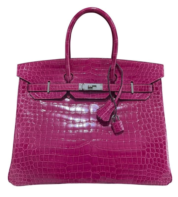 Hermes Birkin 35 Rose Scheherazade Pink Shinny Crocodile Palladium Hardware: 10"H x 14"W x 6"D. Condition: Pre-owned - Excellent,Bag Width: 14 in,Closure: Turn Lock,Handle/Strap Color: Pink,Size: Medium,Hardware Color: Gold,Bag Depth: 6 in,Fabric Type: Shinny Porosus