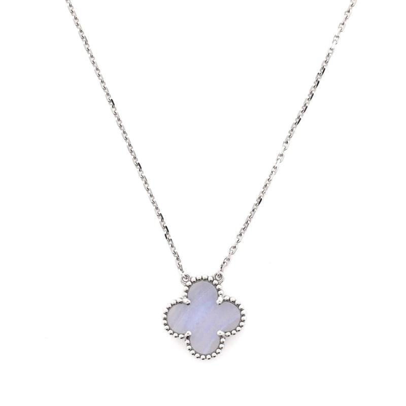Van Cleef & Arpels Vintage Alhambra Pendant Necklace 18K White Gold: Measurements: Length: 14.5 - 16.25 ", Pendant Length: 15.55 mm, Pendant Width: 15.05 mm . Condition: Pre-owned - Good,Brand: Van Cleef & Arpels,Main Stone: Chalcedony,Metal: 18K White Gold,Metal