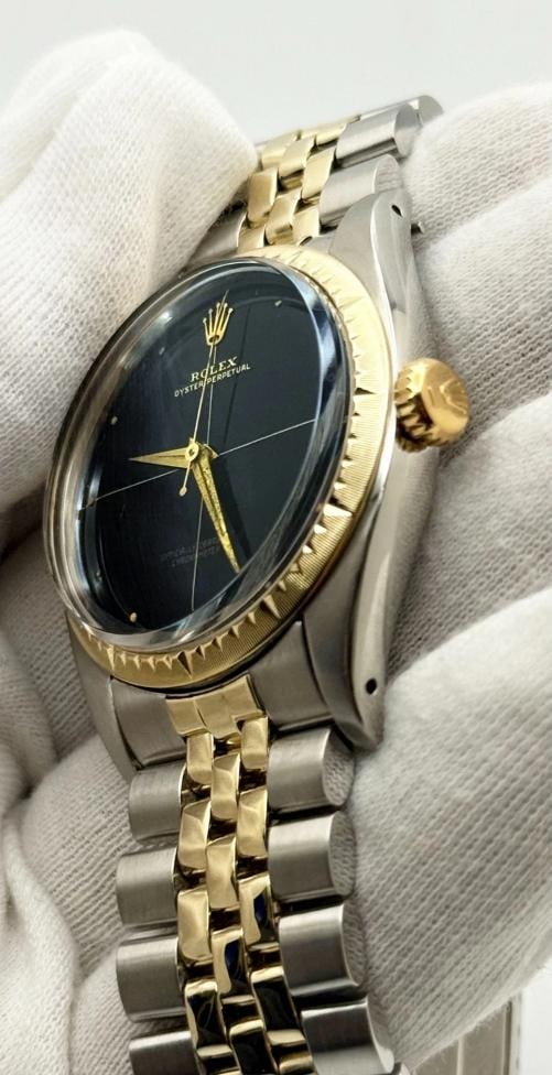 Vintage Rolex Oyster Perpetual Zephyr 6582 34mm Black Dial 14k Yellow Gold Steel - 5