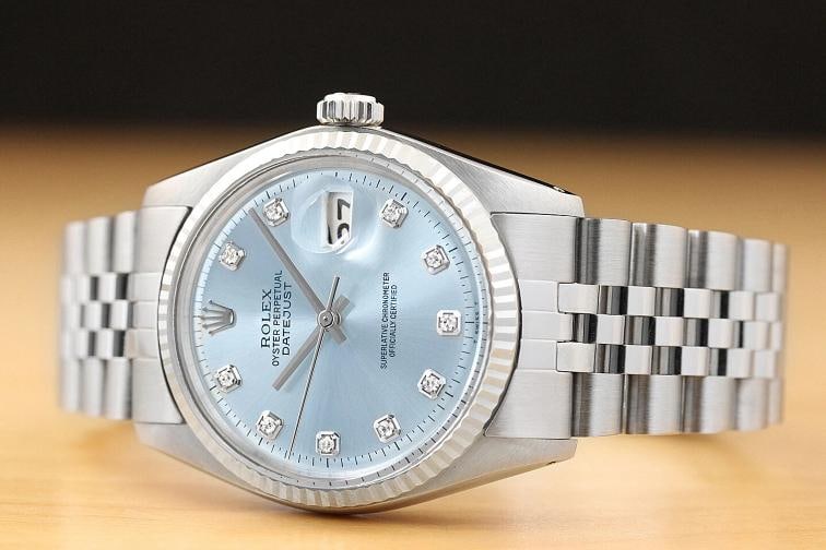 MENS ROLEX DATEJUST 1601 ICE BLUE DIAMOND 18K WHITE GOLD STAINLESS STEEL WATCH - 2