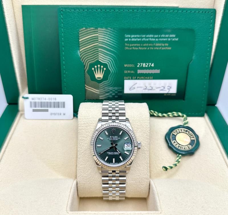 2023 Rolex Datejust 31 Midsize 278274 Mint Green Dial 18K Gold Steel Box Paper: Condition: Pre-owned - Excellent,Bezel Color: Silver,Year Manufactured: 2020-Now,Band/Strap: Rolex Jubilee,Case Color: Silver,Department: Women,Bezel Type: Fluted,Manufacturer Warranty: 2 Years,Watch 