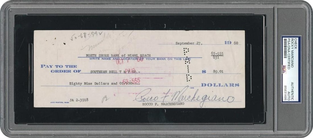 Rocky Marciano Signed 1960 Check Boxing Auto PSA DNA Certified: Sport: Boxing,Player: Rocky Marciano,Signed: Yes,Original/Reprint: Original,Autograph Authentication: Professional Sports Authenticator (PSA),Product: Glove,Country of Origin: United States