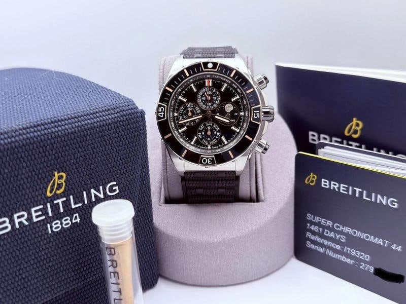 Breitling Super Chronomat Four Year Calendar I19320 44mm Black Dial Box Papers: Style Number: I19320 Model: Breitling Super Chronomat Four Year Calendar 44 Case Material: Stainless Steel Band: Rubber Strap Bezel: Black Ceramic Dial: Black Crystal: Sapphire Case Size: 44mm Include