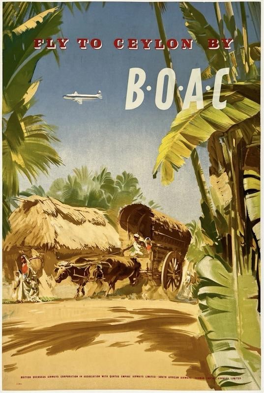 Original Vintage Poster FLY TO CEYLON BY BOAC Airline Travel SRI LANKA Linen (1 of 5)
