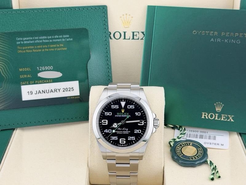 2025 Rolex Air King 126900 40mm Black Dial Stainless Steel Box Papers: Condition: Pre-owned - Excellent,Bezel Color: Silver,Year Manufactured: 2025,Band/Strap: Rolex Oyster,Case Color: Silver,Department: Men,Watch Shape: Round,Style: Luxury, Sport,Features: 12-Hour Dial,