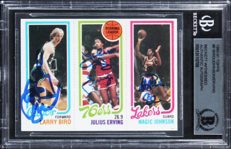 Bird, Erving & Magic Authentic Signed 1980 Topps Rookie Auto Card BAS Slabbed: Sport: Basketball,Product: Box, Box & Case Breaks, Case, Coin, etopps (In-hand), Lot, Pack,,Original/Reprint: Original,Player: Magic Johnson, Larry Bird & Julius "Dr. J" Erving,Autograph
