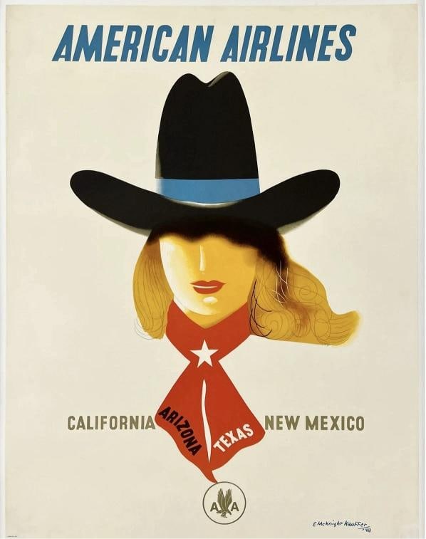 Original Vintage Poster AMERICAN AIRLINES CALIFORNIA TEXAS Airline Travel LINEN: Dimensions: 30.1 x 39.8 in. / 76.5 x 101 cm.; Circa: 1948 Original vintage "AMERICAN AIRLINES - CALIFORNIA ARIZONA TEXAS NEW MEXICO" airline travel poster, plate signed by its artist, E. McKNIGHT