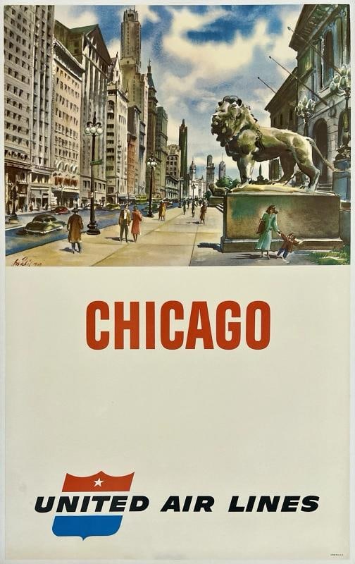 Original Vintage Poster CHICAGO UNITED AIR LINES Airline Travel Michigan Ave OL (1 of 5)