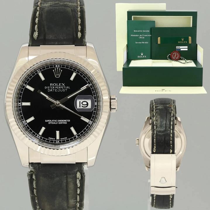 PAPERS MINT Rolex DateJust 116139 Leather White Gold Black Dial Watch Box: Case & Dial Case Material: Rolex White Gold Case Size: 36mm Bezel: Rolex White Gold Fluted Crystal: Rolex Sapphire Dial: Rolex Black Movement & Bracelet Movement: Rolex Automatic Bracelet Design: