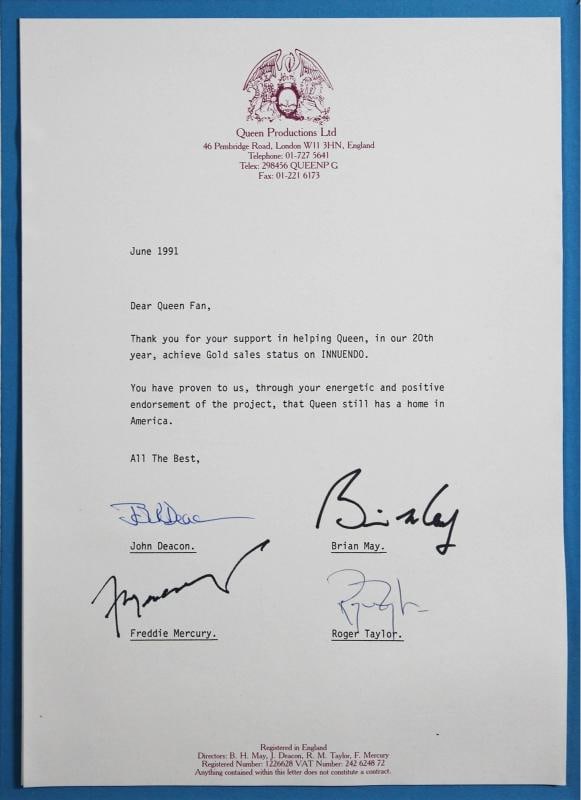 Queen (4) Mercury, Deacon, May & Taylor Signed & Framed Letter BAS #AE93762 - 2