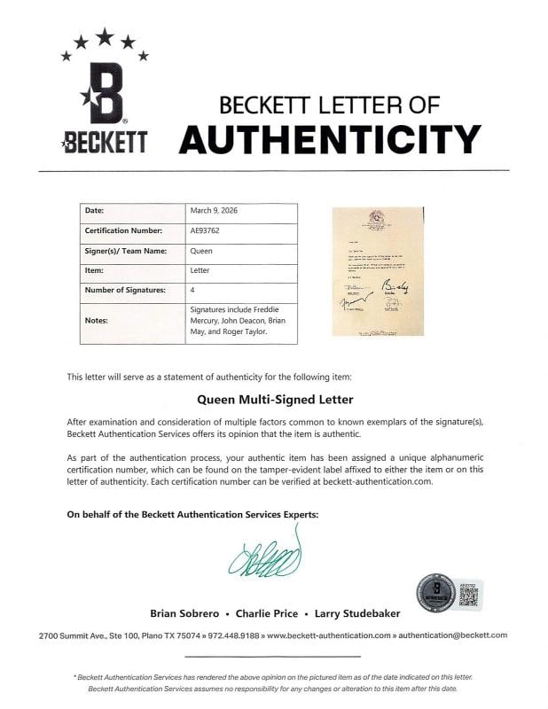 Queen (4) Mercury, Deacon, May & Taylor Signed & Framed Letter BAS #AE93762 - 4