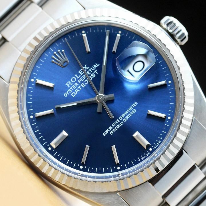 ROLEX MENS DATEJUST 16014 QUICKSET 18K WHITE GOLD STAINLESS STEEL BLUE WATCH: Condition: Pre-owned - Excellent,Bezel Color: Silver,Max Wrist Size: 7.26-7.5 in,Number of Jewels: 27 Jewels,Indices: Stick Indexes, 12-Hour Dial, Multiple Hands,Bezel: Rolex 18K White Gold Fluted