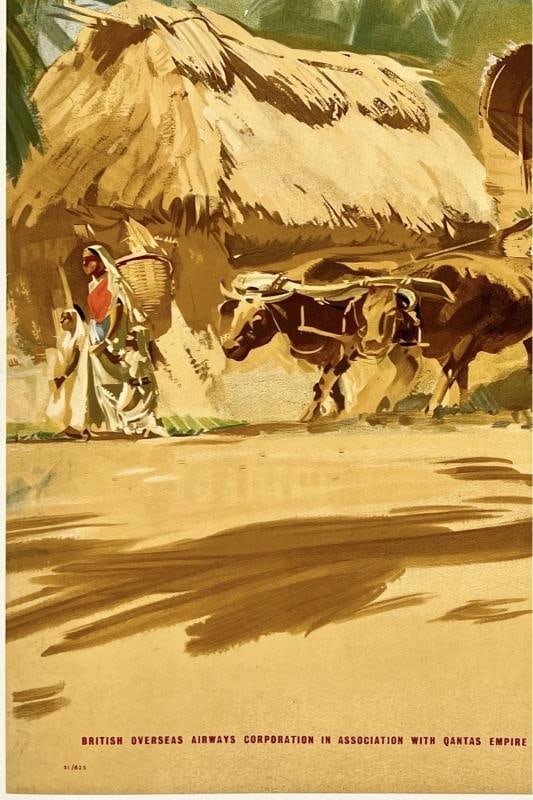 Original Vintage Poster FLY TO CEYLON BY BOAC Airline Travel SRI LANKA Linen - 4