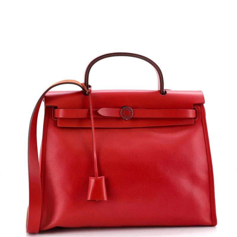 Hermes Herbag Zip Berline Vache Canvas and Leather 31: Condition: Pre-owned - Excellent,Brand: Hermes,Exterior Material: Canvas Coated, Leather,Style: Shoulder Bags,Exterior Color: Red,Department: Women,Size: 31,Accessories: Dust Bag, Pochette, Lock,