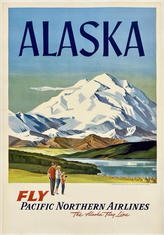 Original Vintage Poster ALASKA PACIFIC NORTHERN AIRLINES Airline Travel LINEN (1 of 5)