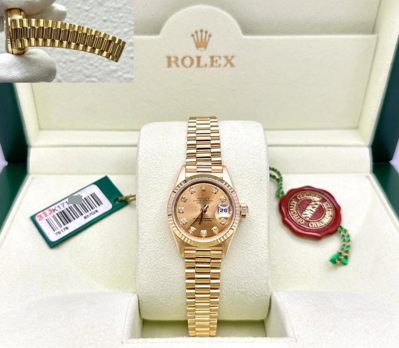 Rolex Ladies Datejust President 79178 Diamond Dial 18K Yellow Gold Box Tags: Condition: Pre-owned - Excellent,Bezel Color: Gold, Yellow,Indices: Diamond Markers,Year Manufactured: 2000-2009,Band/Strap: Rolex President,Case Color: Gold, Yellow,Department: Women,Bezel Type: Flut