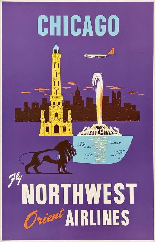 Original Vintage Poster CHICAGO NORTHWEST AIRLINES Airline Travel Tourism LINEN (1 of 5)