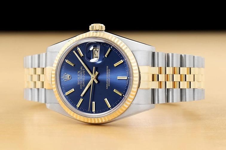 ROLEX MENS DATEJUST 16233 BLUE DIAL 18K YELLOW GOLD STEEL JUBILEE BAND WATCH - 2