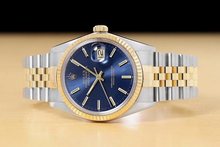 ROLEX MENS DATEJUST 16233 BLUE DIAL 18K YELLOW GOLD STEEL JUBILEE BAND WATCH - 3