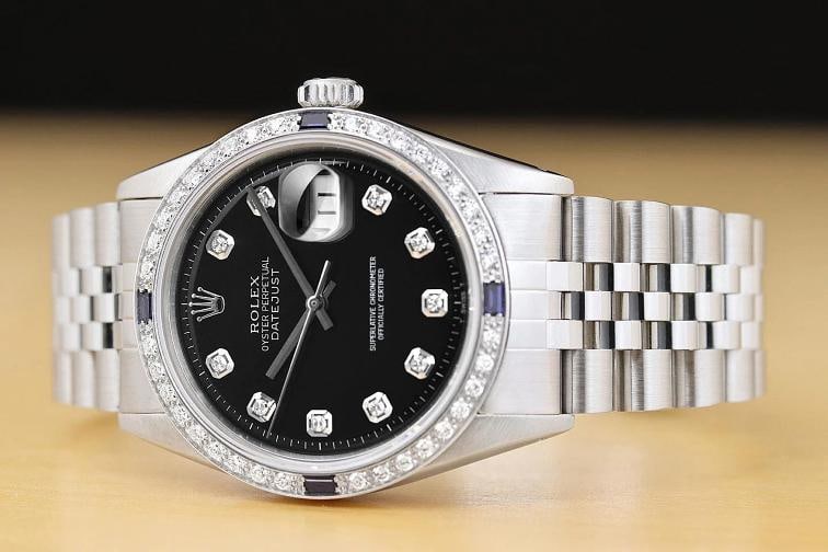ROLEX MENS DATEJUST 1603 18K WHITE GOLD DIAMOND SAPPHIRE STEEL BLACK WATCH - 2