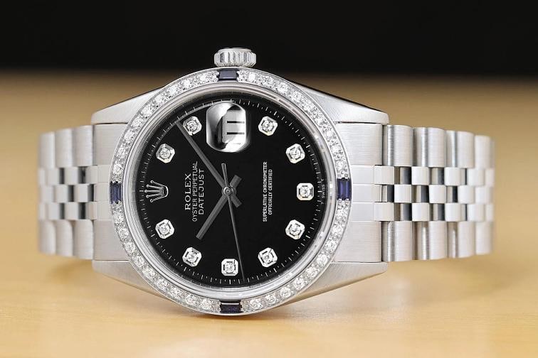 ROLEX MENS DATEJUST 1603 18K WHITE GOLD DIAMOND SAPPHIRE STEEL BLACK WATCH - 3