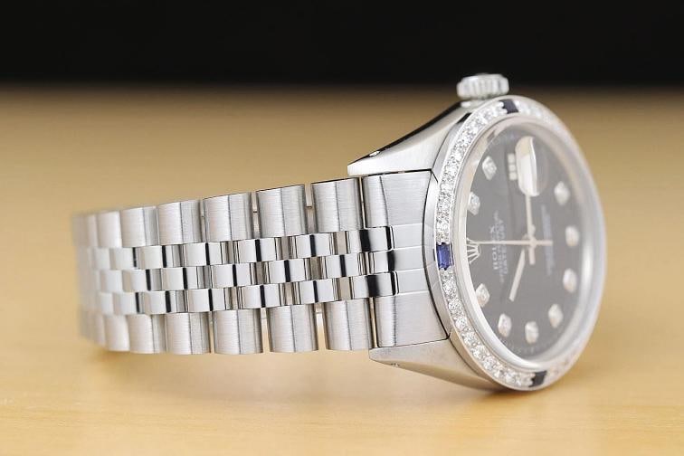 ROLEX MENS DATEJUST 1603 18K WHITE GOLD DIAMOND SAPPHIRE STEEL BLACK WATCH - 6
