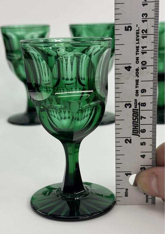 Lovely Set 11 Antique Green Cut Paneled Glass Cordial or Wine Glasses Stemware - 7