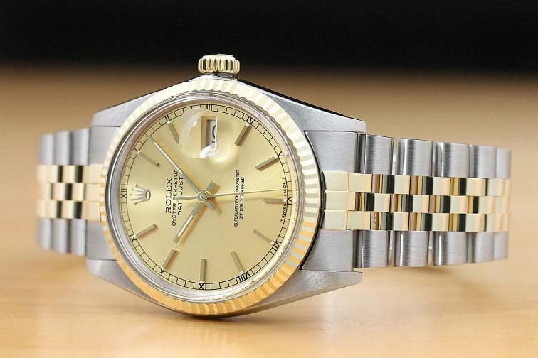 AUTHENTIC MENS ROLEX DATEJUST CHAMPAGNE 18K YELLOW GOLD STEEL 16013 2-TONE WATCH - 2