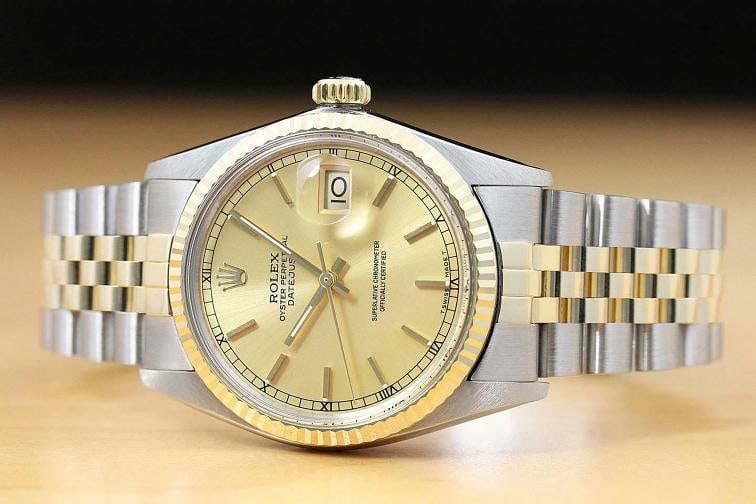 AUTHENTIC MENS ROLEX DATEJUST CHAMPAGNE 18K YELLOW GOLD STEEL 16013 2-TONE WATCH - 3