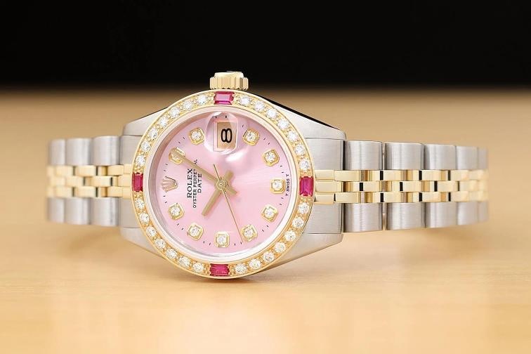 ROLEX LADIES DATE 6917 PINK DIAL DIAMOND RUBY 14K YELLOW GOLD STEEL 2-TONE WATCH - 3