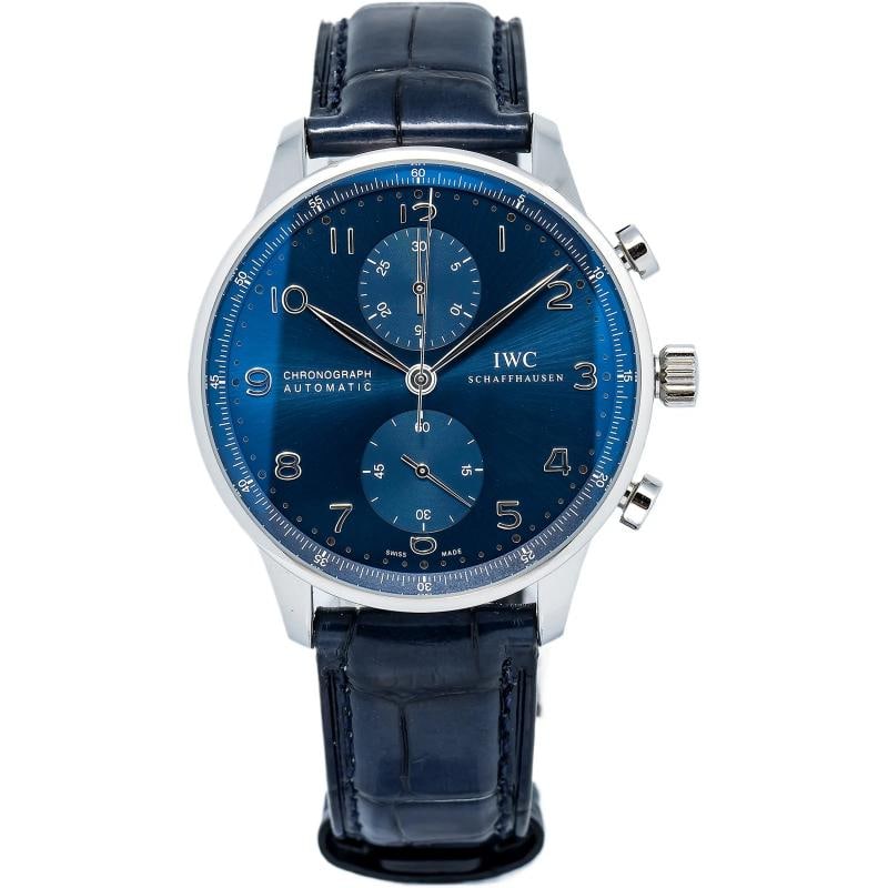 IWC Portuguese Chronograph IW371491 SS Blue Dial Auto Men's Watch 41mm: Condition: Pre-owned - Good: This item has been gently used but is in good condition. It might have a few signs ... Read moreabout the conditionPre-owned - Good: This item has been gently used but is