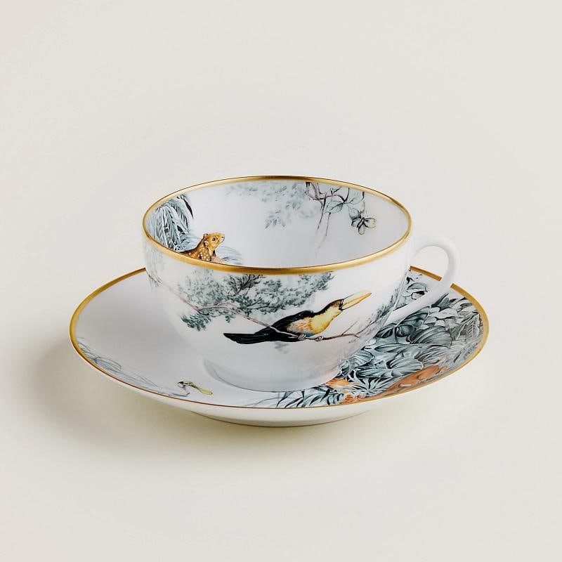 HERMES CARNETS D'EQUATEUR PAIR OF BREAKFAST CUP & SAUCERS #P038015P BRAND NIB FS - 2