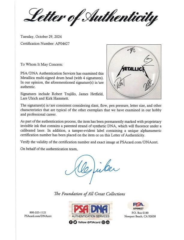 Metallica (4) Hetfield, Ulrich, Hammett & Trujillo Signed 11 Inch Drum Head PSA - 3