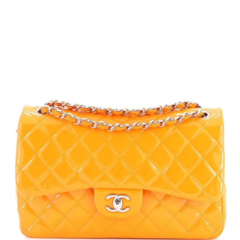 Chanel Classic Double Flap Bag Quilted Patent Jumbo: Condition: Pre-owned - Good,Brand: Chanel,Exterior Material: Patent Leather,Style: Shoulder Bags,Exterior Color: Orange,Department: Women,Size: Jumbo