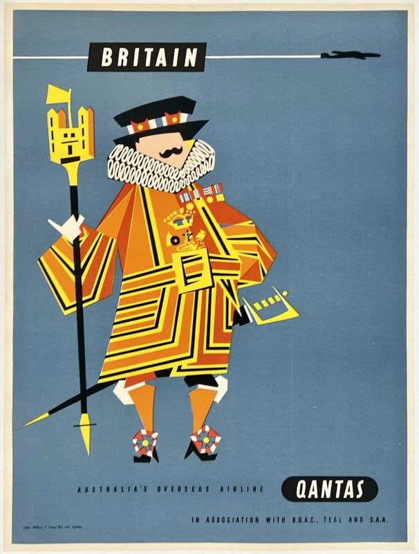 Original Vintage Poster BRITAIN QANTAS Airline Travel Tourism 15" x 20" LINEN (1 of 5)