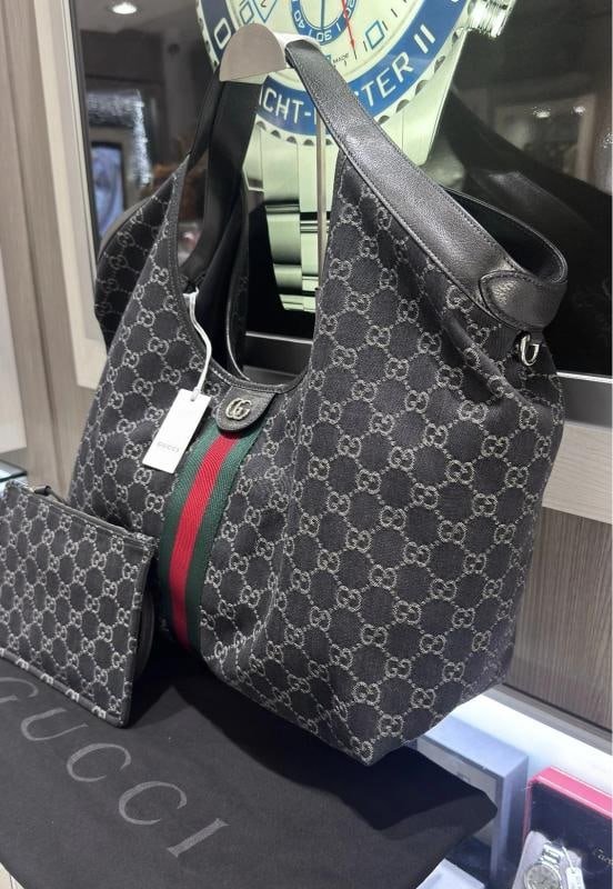 Gucci Giglio Large Tote Bag Black GG Denim Unworn - 3
