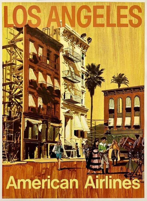 Original Vintage Poster LOS ANGELES AMERICAN AIRLINES Airline 14.8 x 20.3 LINEN (1 of 5)