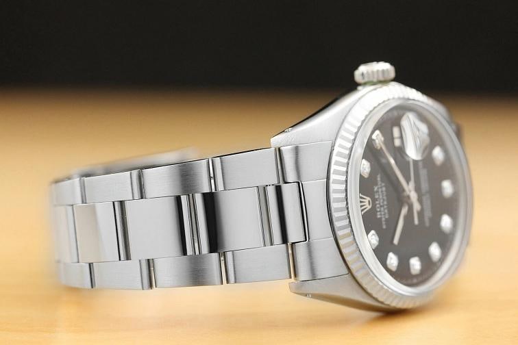 MENS ROLEX DATEJUST BLACK DIAMOND DIAL 18K WHITE GOLD FLUTED BEZEL STEEL WATCH - 7
