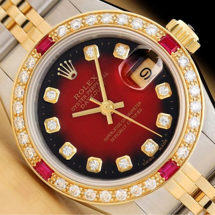 ROLEX LADIES DATEJUST 69173 RED VIGNETTE DIAMOND RUBY 18K GOLD STEEL WATCH: Condition: Pre-owned - Excellent,Department: Women's,Brand: Rolex,Style: Dress/Formal, Luxury: Dress Styles,Features: 12-Hour Dial, Chronometer, Sapphire Crystal, Screwdown Crown, Self-Winding, Swiss 
