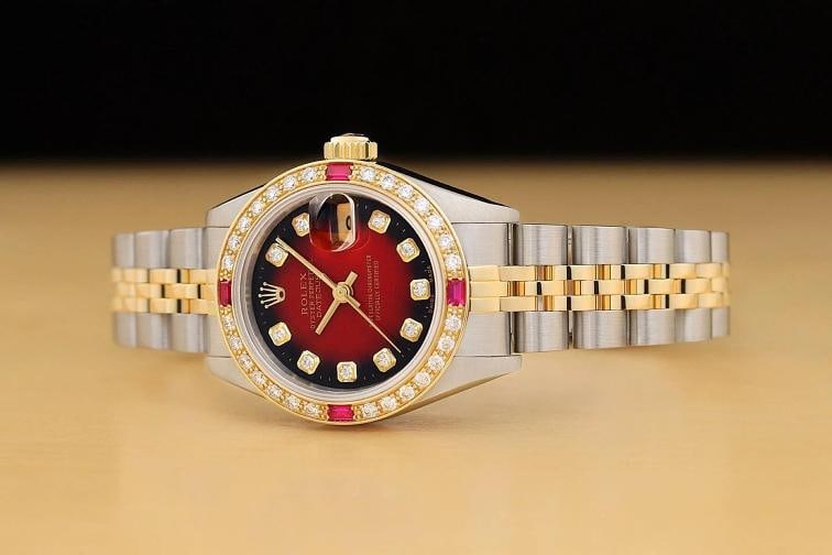 ROLEX LADIES DATEJUST 69173 RED VIGNETTE DIAMOND RUBY 18K GOLD STEEL WATCH - 2