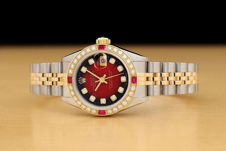 ROLEX LADIES DATEJUST 69173 RED VIGNETTE DIAMOND RUBY 18K GOLD STEEL WATCH - 3