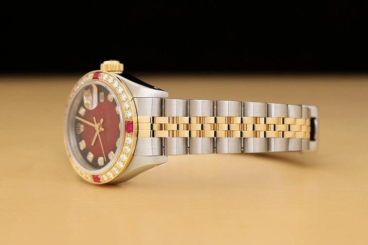 ROLEX LADIES DATEJUST 69173 RED VIGNETTE DIAMOND RUBY 18K GOLD STEEL WATCH - 4